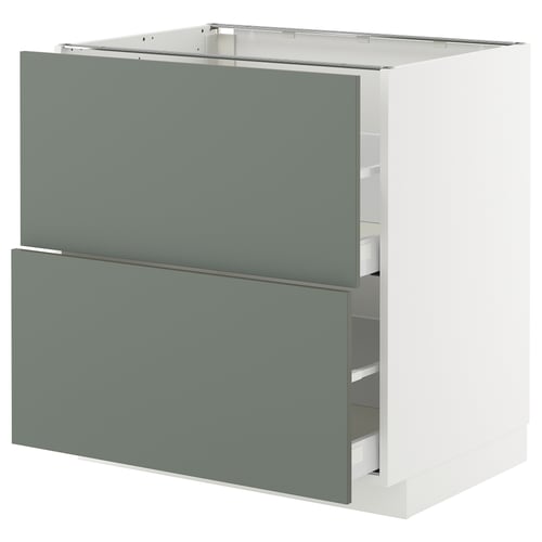 Modern kitchen cabinet in light grey-green with two drawers. Metallic frame, smooth surfaces, sleek design.
