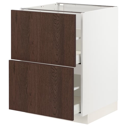 Dark brown wooden cabinet, white frame, two drawers, modern design.