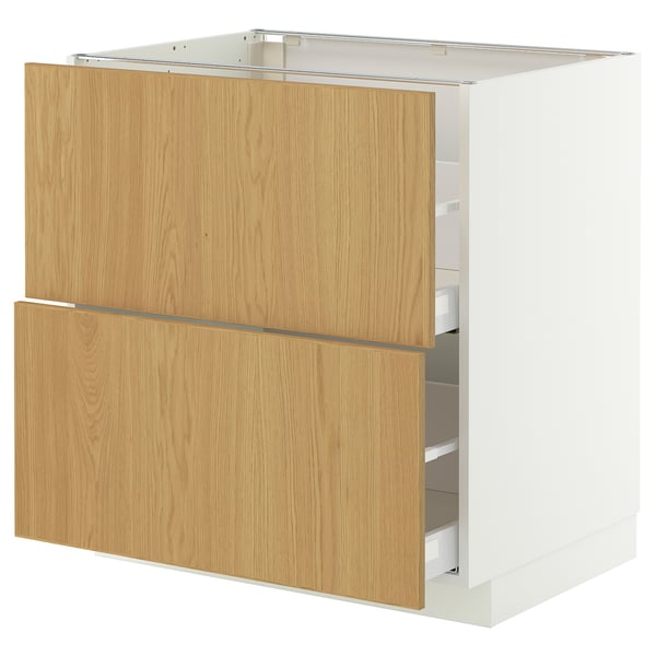 White and wood kitchen cabinet with two drawers and a shelf base, offering sturdy storage.
