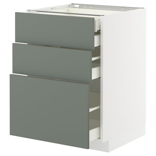This image shows a white cabinet with gray-green drawers, featuring a modern design with multiple compartments.