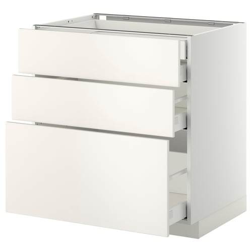 White METOD kitchen cabinet with three smooth drawers, sleek and modern design.