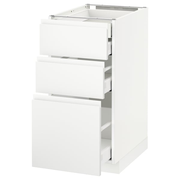 White METOD kitchen cabinet with three self-closing drawers, modern minimalist design.