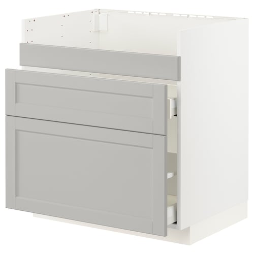 White METOD kitchen cabinet with grey lerhyttan fronts, bevelled edges, and two drawers.