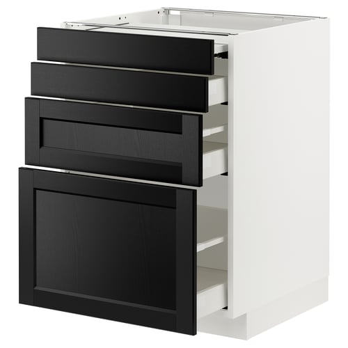 Modern black & white kitchen unit with pull-out drawers and shelves.