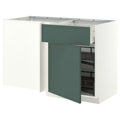 METOD / MAXIMERA Corner base cab w drawer and p-out, white/Aspudden dark grey-green, 128x68x80 cm