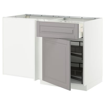 METOD / MAXIMERA Corner base cab w drawer and p-out, white/Bodbyn grey, 128x68x80 cm