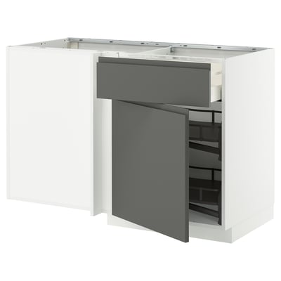 METOD / MAXIMERA Corner base cab w drawer and p-out, white/Voxtorp dark grey, 128x68x80 cm