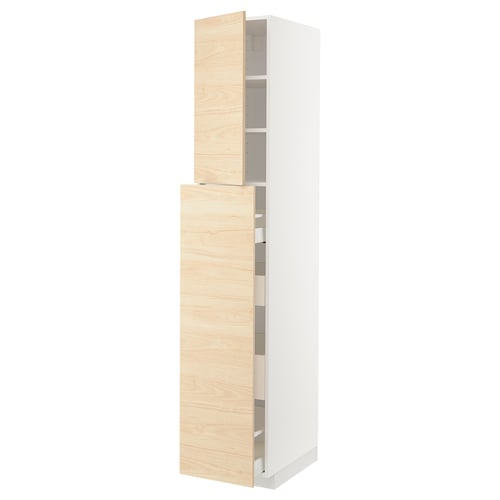 A tall white METOD kitchen cabinet with light wood detailing and adjustable shelves.