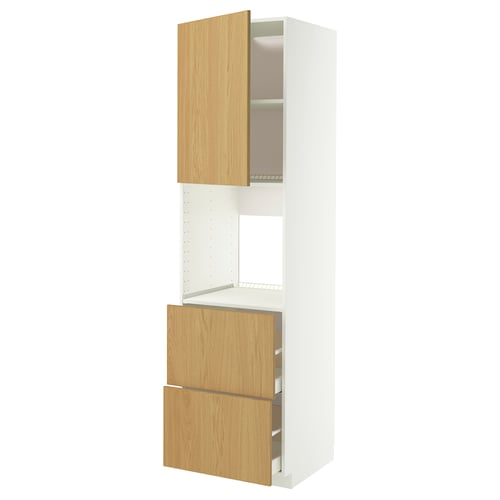 IKEA METOD white kitchen unit with oak drawers and cabinets, vertical layout.