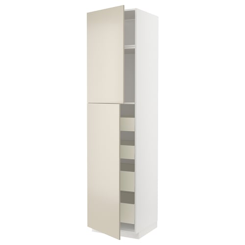White METOD cabinet, beige havstorp doors, rectangular, smooth design.