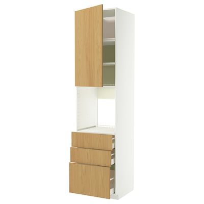 A white and light wood coloured kitchen cabinet unit. It multiple shelves and drawers with a modern design.