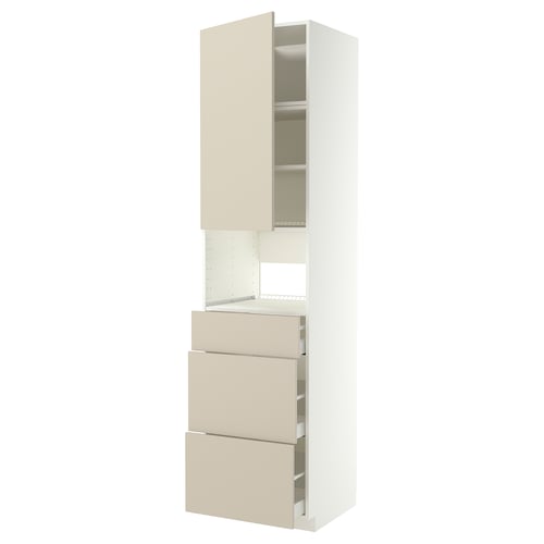 METOD kitchen unit, beige. Vertical cabinet with three drawers and top shelves, sleek modern design.