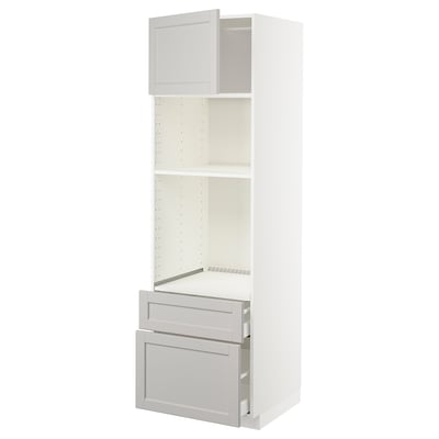 METOD white kitchen cabinet with grey lerhyttan handles, shelves and drawers.