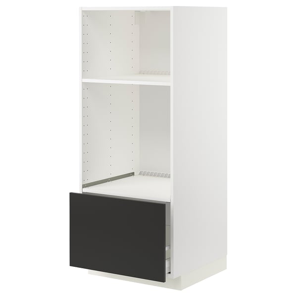 Displays a white ikea METOD kitchen cabinet with a black drawer. Its rectangular, featuring a sleek design with ventilated shelves.