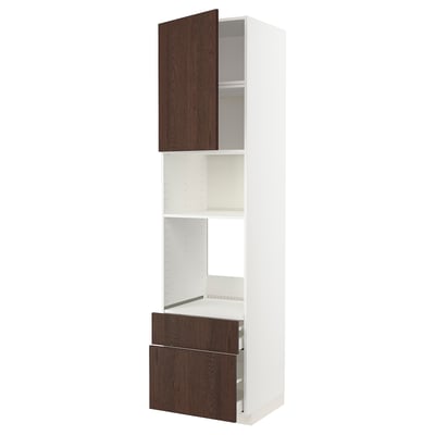 A white METOD kitchen cabinet with brown oak drawers and door. It has an adjustable shelf and is tall with a sleek design.