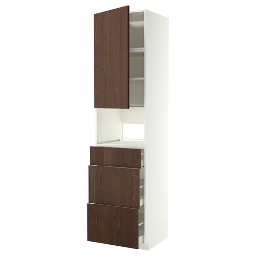 Modern kitchen unit: METOD with dark brown sinarp wooden fronts. Tall cabinet with drawers and shelves.