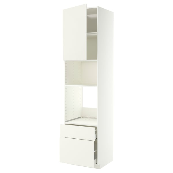 White METOD kitchen unit with drawers and shelves. Tall, rectangular with modern design.