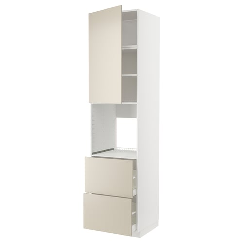 METOD kitchen unit, beige, tall, rectangular, sleek design with multiple compartments, open and closed drawers.