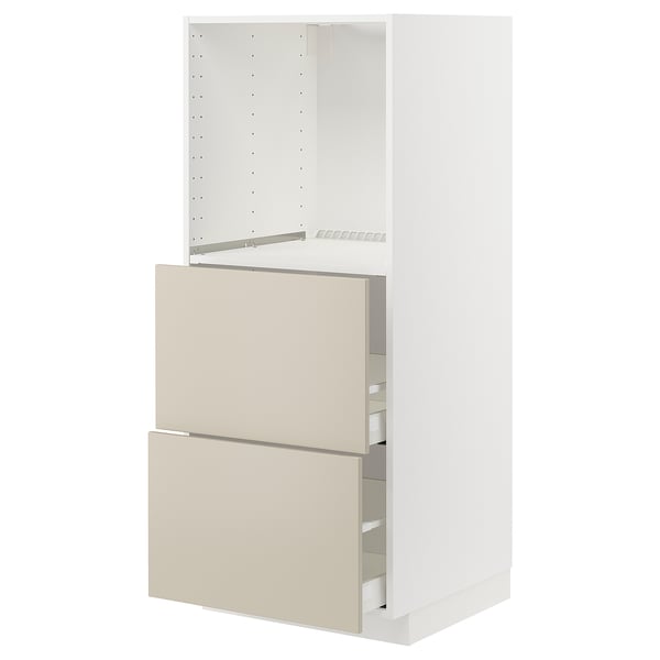 METOD / MAXIMERA High cabinet w 2 drawers for oven, white/Havstorp beige, 60x60x140 cm