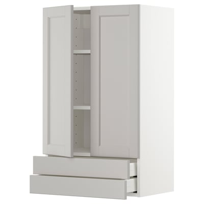 METOD / MAXIMERA Wall cabinet w 2 doors/2 drawers, white/Lerhyttan light grey, 60x37x100 cm