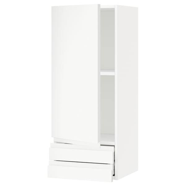 METOD / MAXIMERA Wall cabinet with door/2 drawers, white/Voxtorp matt white, 40x37x100 cm