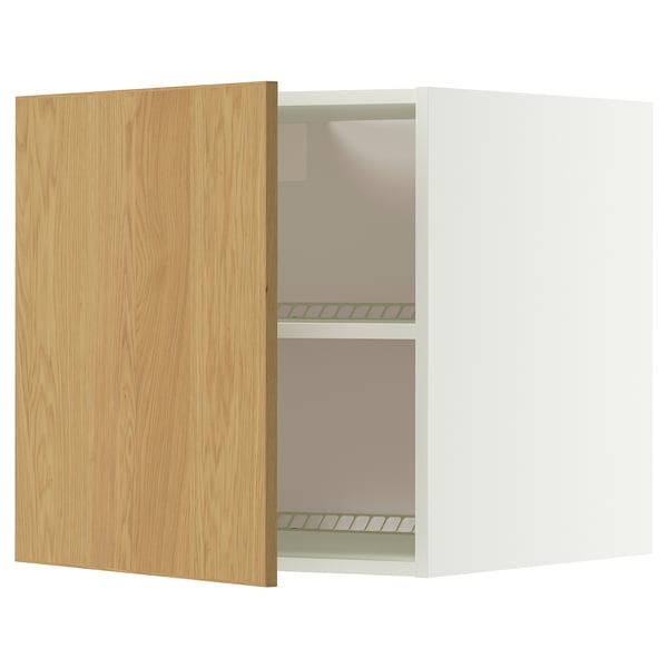 A white METOD wall cabinet with an open light oak door, revealing two adjustable shelves inside.