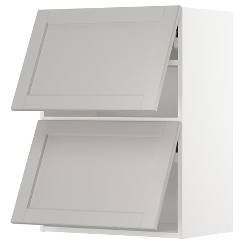 Two light grey METOD kitchen wall cabinets with classic designs and bevelled edges.