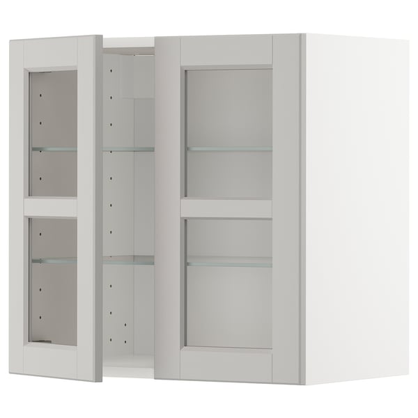 METOD Wall cabinet w shelves/2 glass drs, white/Lerhyttan light grey, 60x37x60 cm
