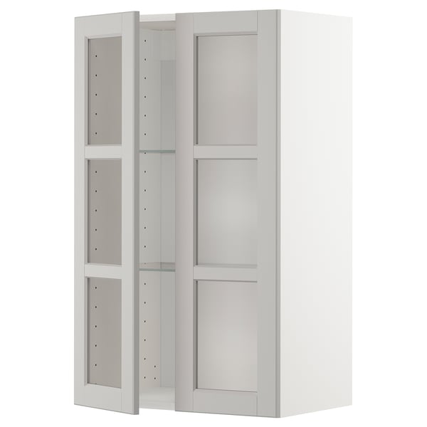 METOD Wall cabinet w shelves/2 glass drs, white/Lerhyttan light grey, 60x37x100 cm