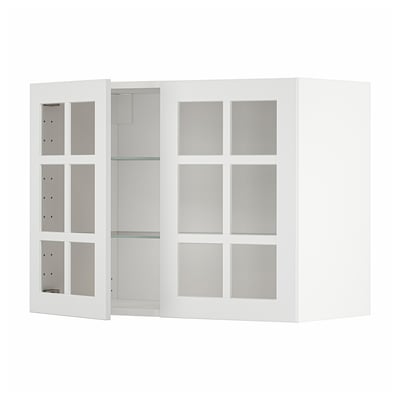 White METOD kitchen cabinet with glass doors, modern design, square shape, adjustable shelves.