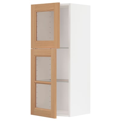 METOD Wall cabinet w shelves/2 glass drs, white/Vedhamn oak, 40x37x100 cm