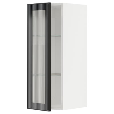 METOD Wall cabinet w shelves/glass door, white/Hejsta anthracite reeded glass, 30x37x80 cm