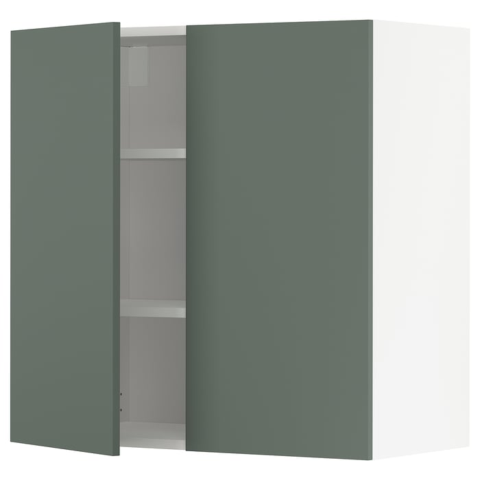METOD wall with shelves/2 doors, white/Bodarp greygreen