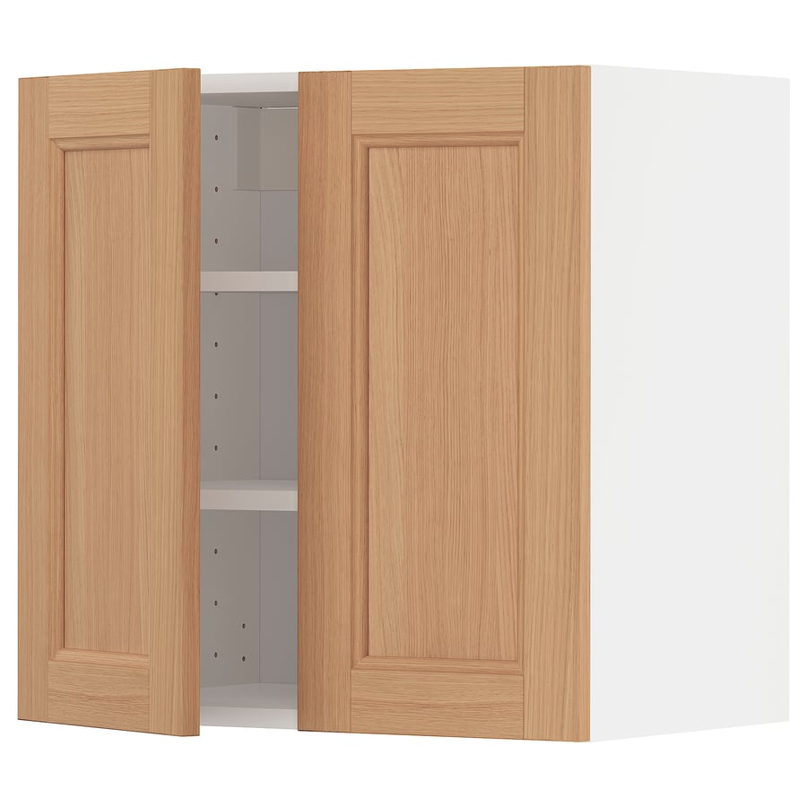 METOD wall with shelves/2 doors, white/Vedhamn oak, 60x37x60 cm