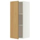 A white wall cabinet with a light wooden door, featuring an adjustable shelf inside.