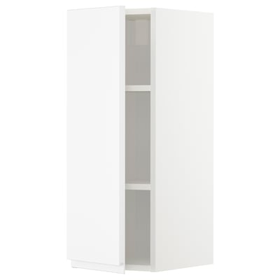 Modern white kitchen cabinet, tall, minimalist, with three shelves.