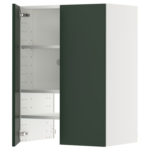 METOD green kitchen cabinet, modern design with 3 shelves and white interior.