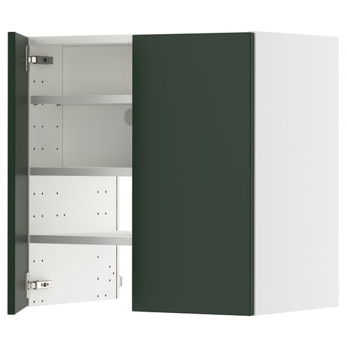 A green METOD kitchen cabinet with three empty shelves, made of fibreboard and particleboard, in a rectangular shape.
