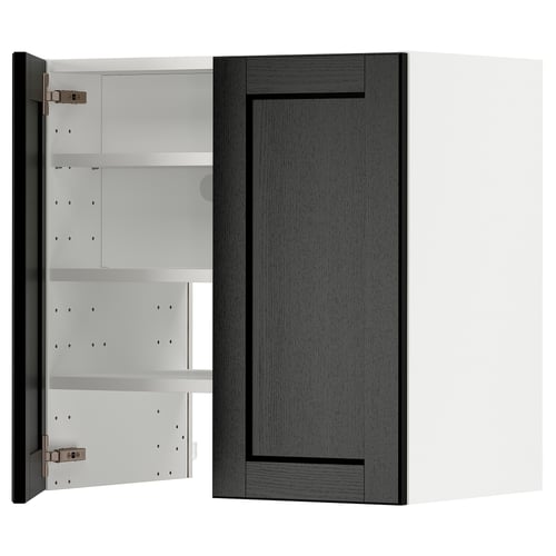 Dark grey kitchen cabinet, open, minimalist, two shelves.