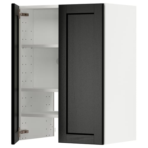 A dark grey METOD kitchen cabinet. Its rectangular, tall, with one door closed and one open, revealing white adjustable shelves inside.