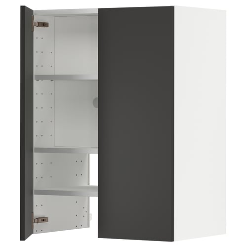 Modern black cabinet with adjustable shelves, open to show organised interior.