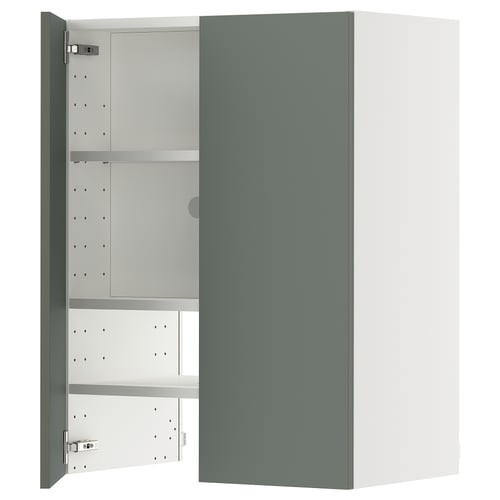 Modern kitchen cabinet in greenish-grey, matt finish, featuring adjustable shelves and reversible door.