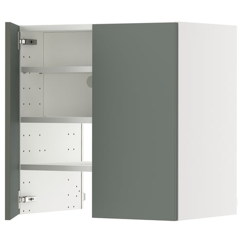 Open METOD cabinet in grey-green with two shelves inside. Modern design, sturdy frame, adjustable shelf.
