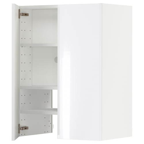 A white METOD kitchen cabinet with adjustable shelves and a modern, high-gloss design.