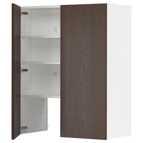 Modern dark brown kitchen cabinet with adjustable shelves, wall-mounted, rustic wood finish.