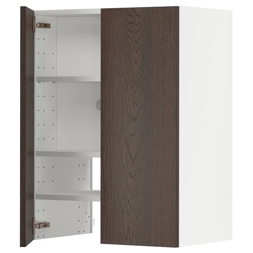 Gray ikea METOD kitchen cabinet with brown doors, white shelves, slightly open.