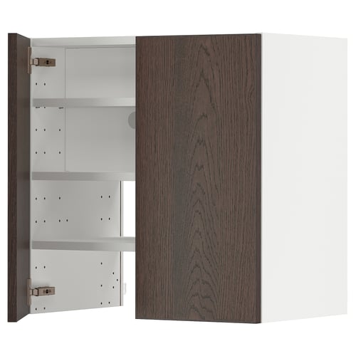 Brown wood cabinets with adjustable shelves and metallic hinges.