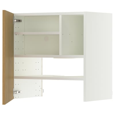 A white METOD cabinet with an oak door, open to reveal adjustable shelves.