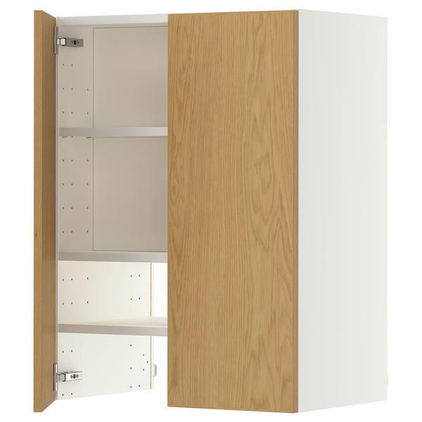 METOD Wall cb f extr hood w shlf/door, white/Sinarp oak veneer, 60x80 cm