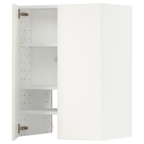 A white ikea METOD kitchen cabinet with adjustable shelves and hinges, part of the veddinge series.